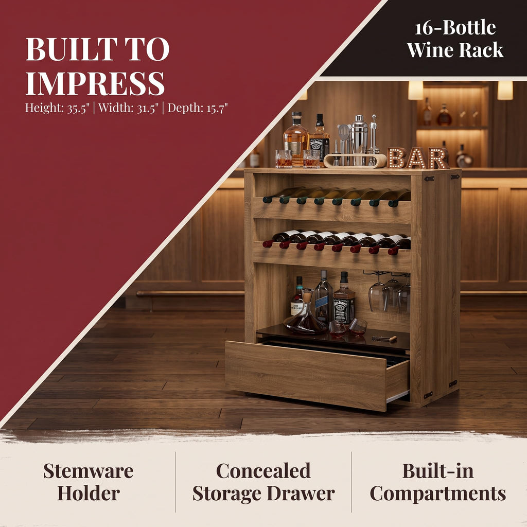 Liquor Cabinet with Wine Rack & Stemmed Holder & Drawer, Walnut