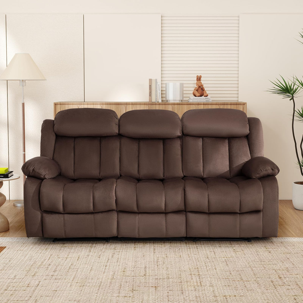 INZOY Manual Recliner Chair with Padded Armrest, Wall-Hugger Single Sofa Recliners with Overstuffed Back, Classical Fabric Reclining Chairs for Living Room Theater Seating, Brown