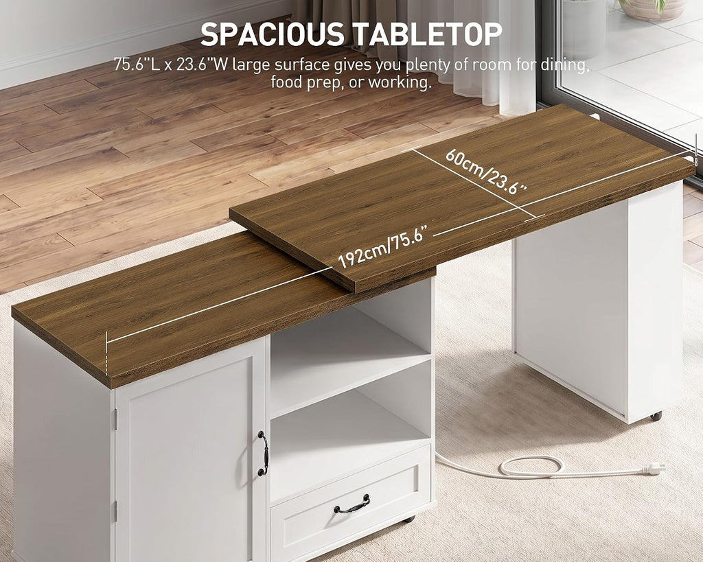 RALGEND Rolling Kitchen Island with 360Â° Swivel Tabletop, Large Kitchen Island Table with Power Outlet, Mobile Kitchen Island Cart with Storage Cabinets for Kitchen & Office, White and Walnut