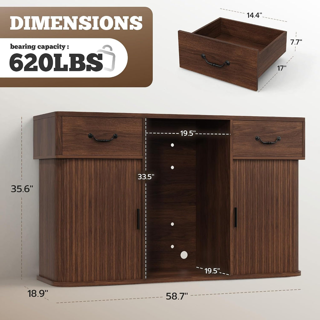 Large Coffee Bar Cabinet with Mini Fridge Space, Liquor Wine Bar Cabinet with Drawer and Glass Holder, Buffet Sideboard Table for Kitchen, Dining Room, Living Room