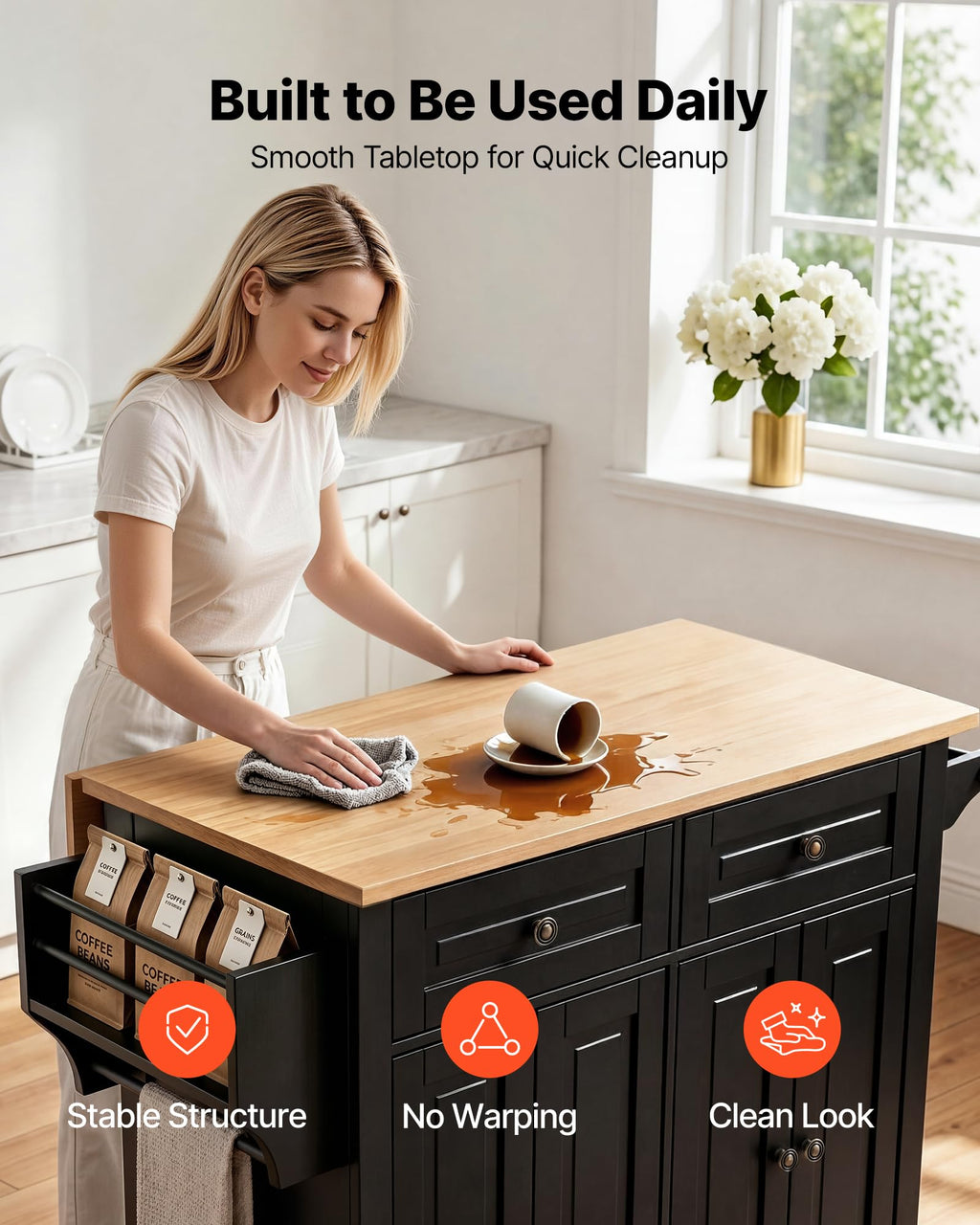 VEVOR Kitchen Island Cart with Storage, 43.58 in Wide Mobile Rolling Storage Island on Swivel Wheels, with 2 Drawers, Storage Cabinet, Drop Leaf, Spice/Towel Rack, Table for Home Dining Room, White