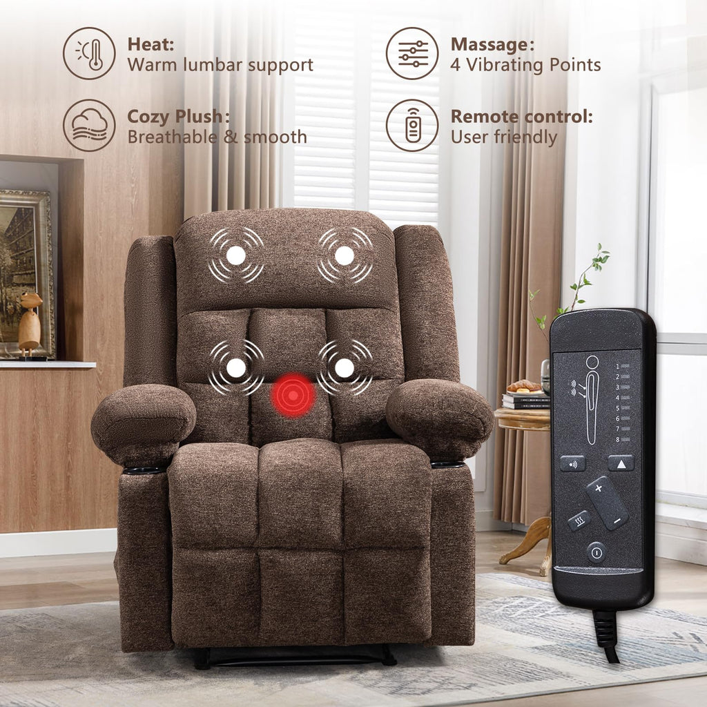 EBELLO Manual Recliner Chair for Adults with Vibration Massage and Lumbar Heating, Soft Fabric Recliner Single Sofa with Side Pocket and Two Cup Holders for Living Room, Grey