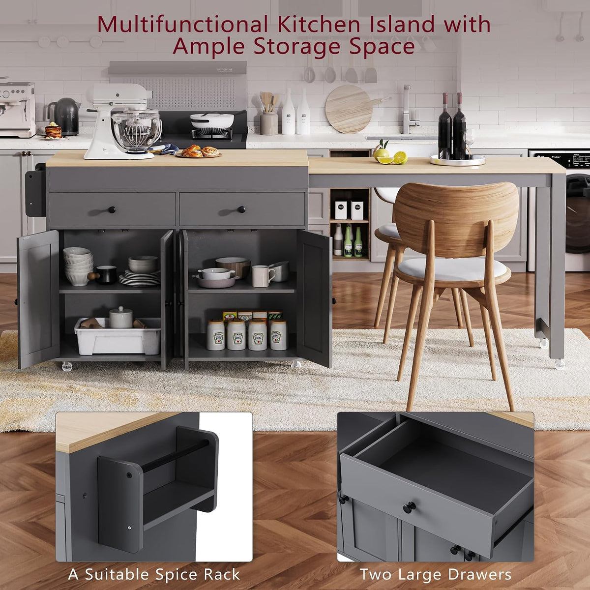 Merax 74.5" Kitchen Island with Extendable Dining Table, Rolling Kitchen Storage Cart on Wheels with Spice Rack & 2 Drawers & 4 Door Cabinet for Dining Room, Gray