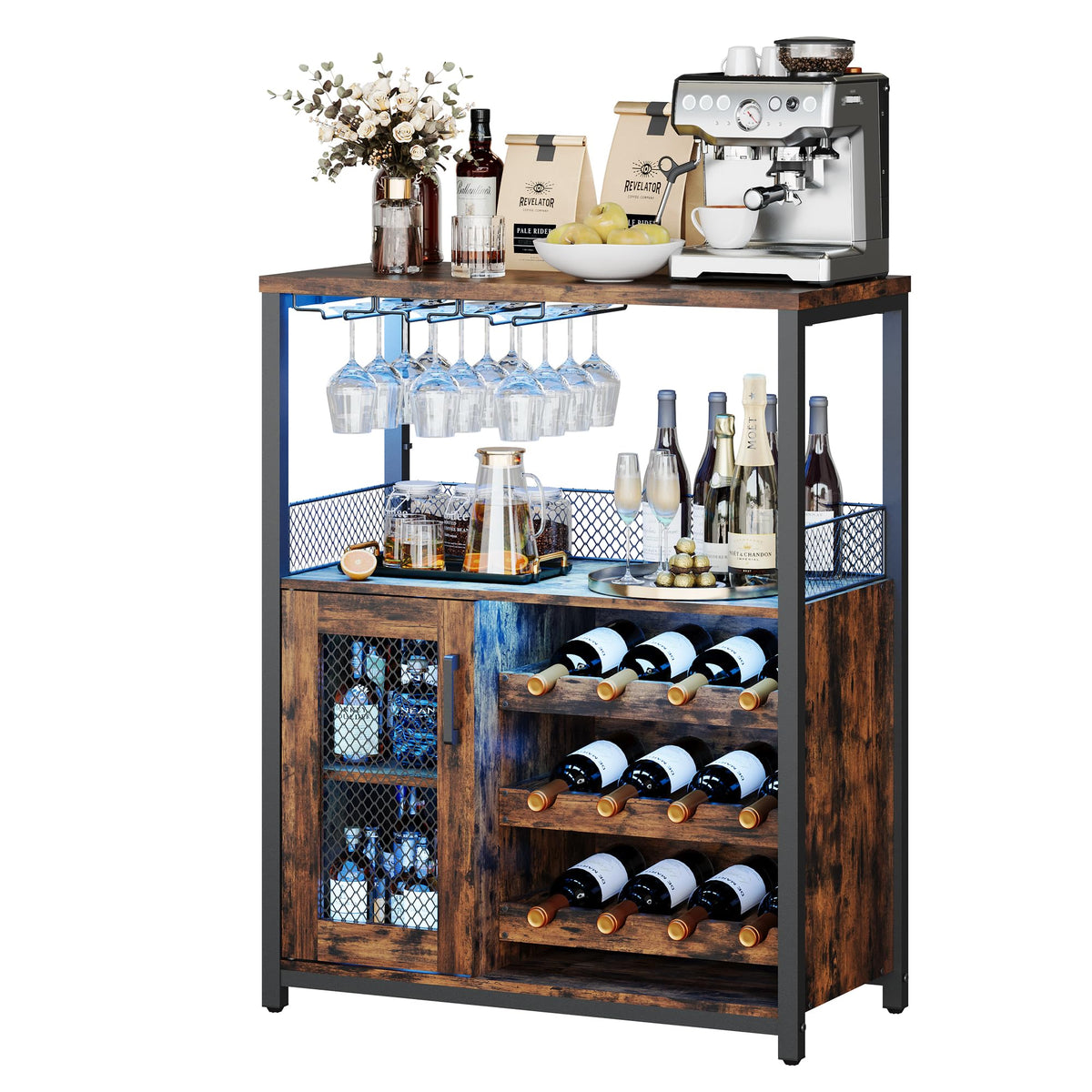 Jojoka 3 Tier Wine Bar Cabinet with LED Lights, Adjustable Storage, Liquor Rack, Glass Holder, Mesh Door, Multi Functional Coffee Bar Sideboard Buffet for Home, Dining Room