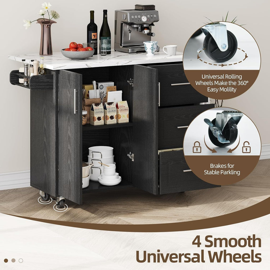 43" Kitchen Island on Wheels, Rolling Kitchen Island with Drop Leaf, Black