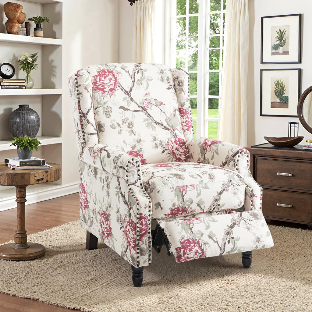 Wingback Floral Pushback Recliner Chair, Plants Beige, Set of 2