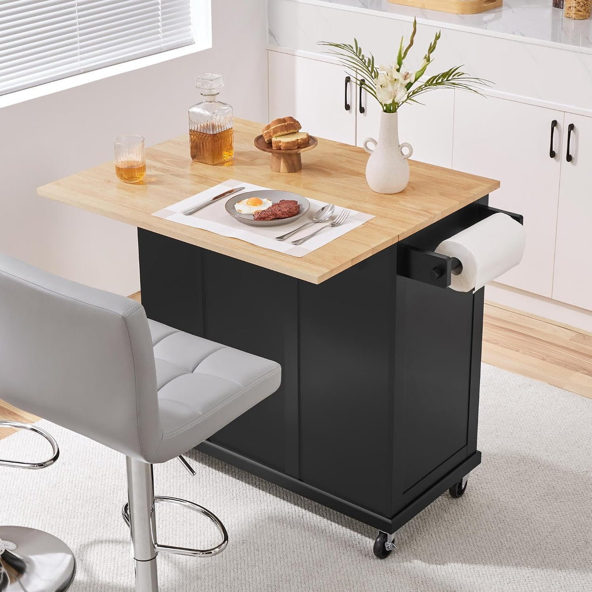 Yaheetech Kitchen Island Cart with Storage, Drop Leaf, Open Shelves, Black