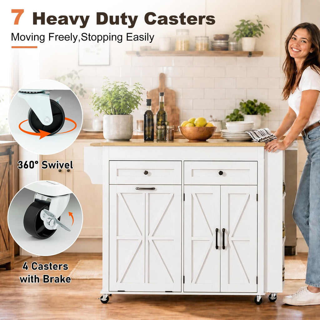 81.6"-51" Extendable Rolling Kitchen Island with Extended Dining Table & Power Outlet, Mobile Kitchen Storage Islands with Trash Cabinet, Large Islands Cart with Storage and 2 Seatings, Black