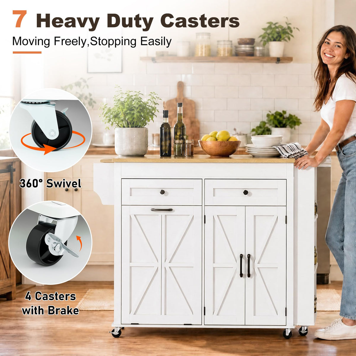 81.6"-51" Extendable Rolling Kitchen Island with Extended Dining Table & Power Outlet, Mobile Kitchen Storage Islands with Trash Cabinet, Large Islands Cart with Storage and 2 Seatings, Black