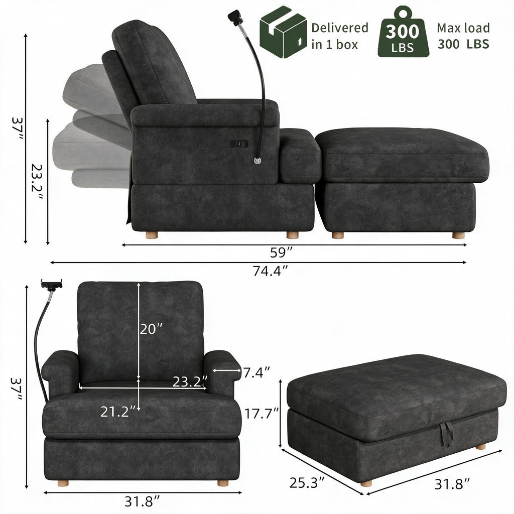 EJUNQ 66.5" Oversized Chaise Lounge Chair Indoorï¼Cozy Sofa Bed with Phone Holder and USB Chargerï¼Upholstered Deep Seat Sleeper Sofa Bedï¼Comfy Single Sofa Armchair for Living Room, Grey