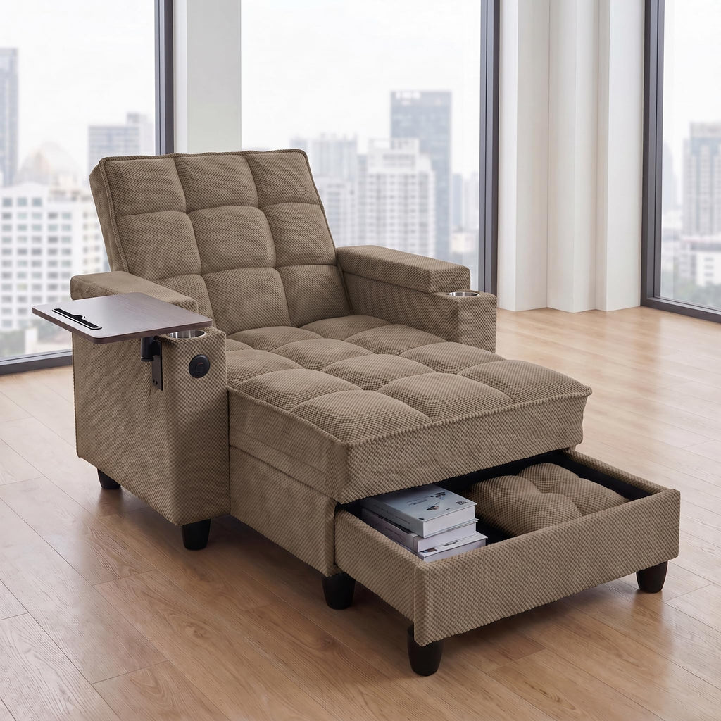 Convertible Sleeper Chair, Pull Out Sofa Bed with Adjustable Backrest & Hidden Storage Armrest, Single Sofa Recliner with USB Charging Port & Cup Holders for Living Room, Bedroom, Dark Gray