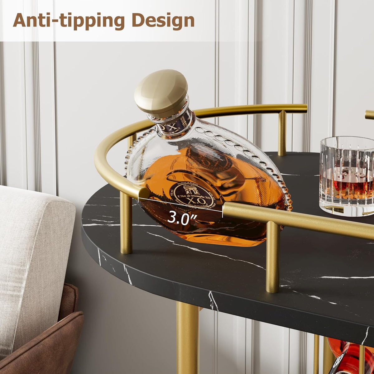 Garvee Bar Serving Cart with Wine Rack and Glass Holder, 3-Tier Rolling Serving Cart with 4 Wheels, Small Serving Table for Living Room, Kitchen, Dining Room, Gold+Black