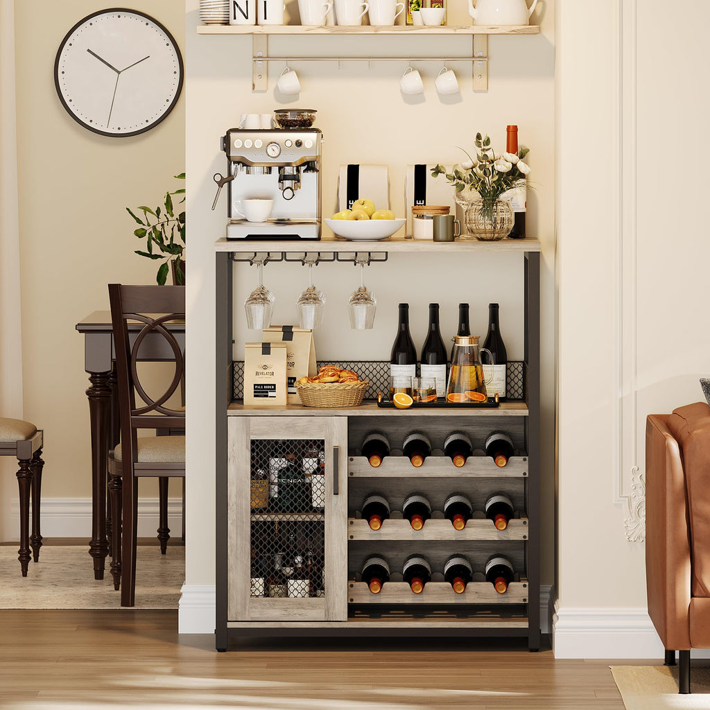3-Tier Wine Bar Cabinet with Removable Wine Rack, Liquor Storage Cabinet with Glass Holder & Mesh Door, Coffee Bar Sideboard Buffet for Living Room or Dining Room, Gray