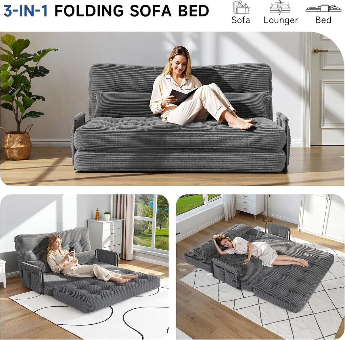 3-in-1 Folding Sofa Bed,Convertible Sleeper Chair with Armrests & Adjustable Backrest,Corduroy Futon Couch Floor Sofa Lounge with Pillow for Living Room Bedroom,Double,Dark Gray