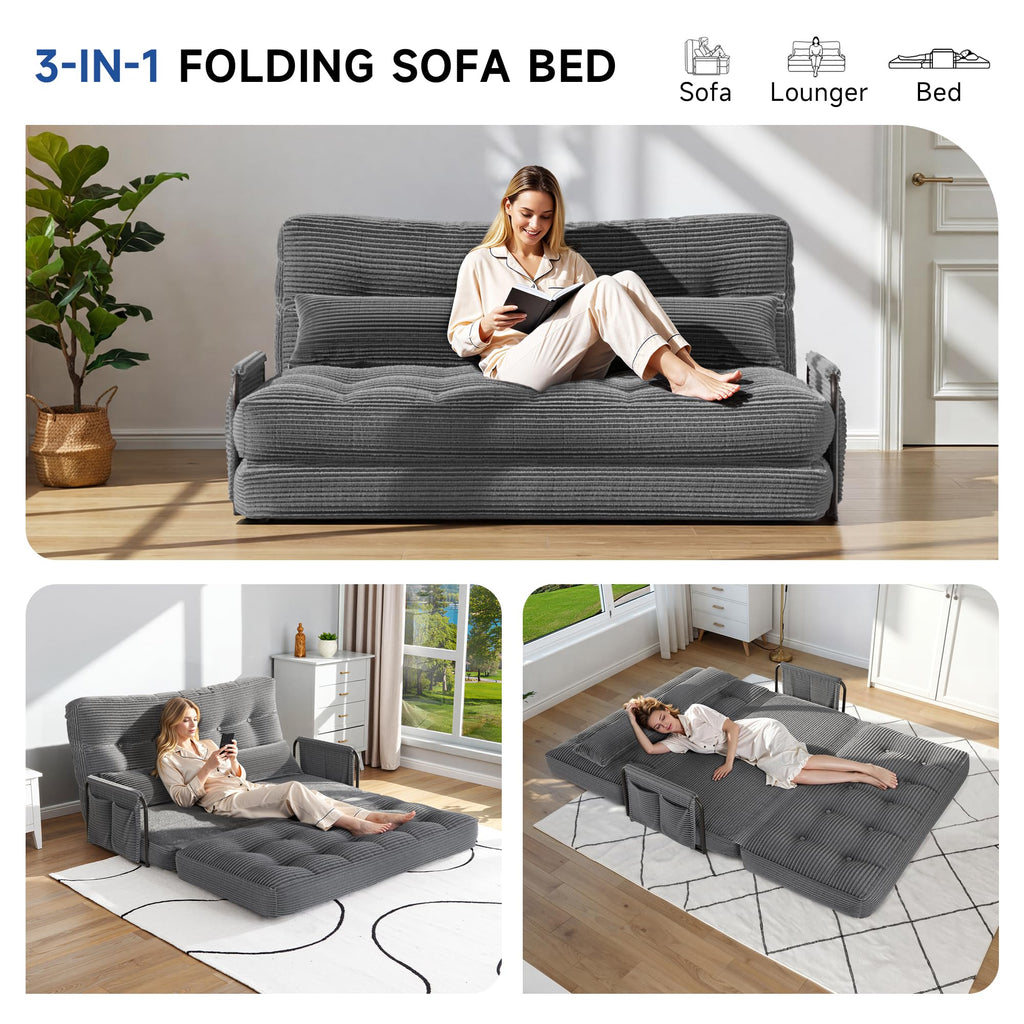 3-in-1 Folding Sofa Bed,Convertible Sleeper Chair with Armrests & Adjustable Backrest,Corduroy Futon Couch Floor Sofa Lounge with Pillow for Living Room Bedroom,Double,Dark Gray