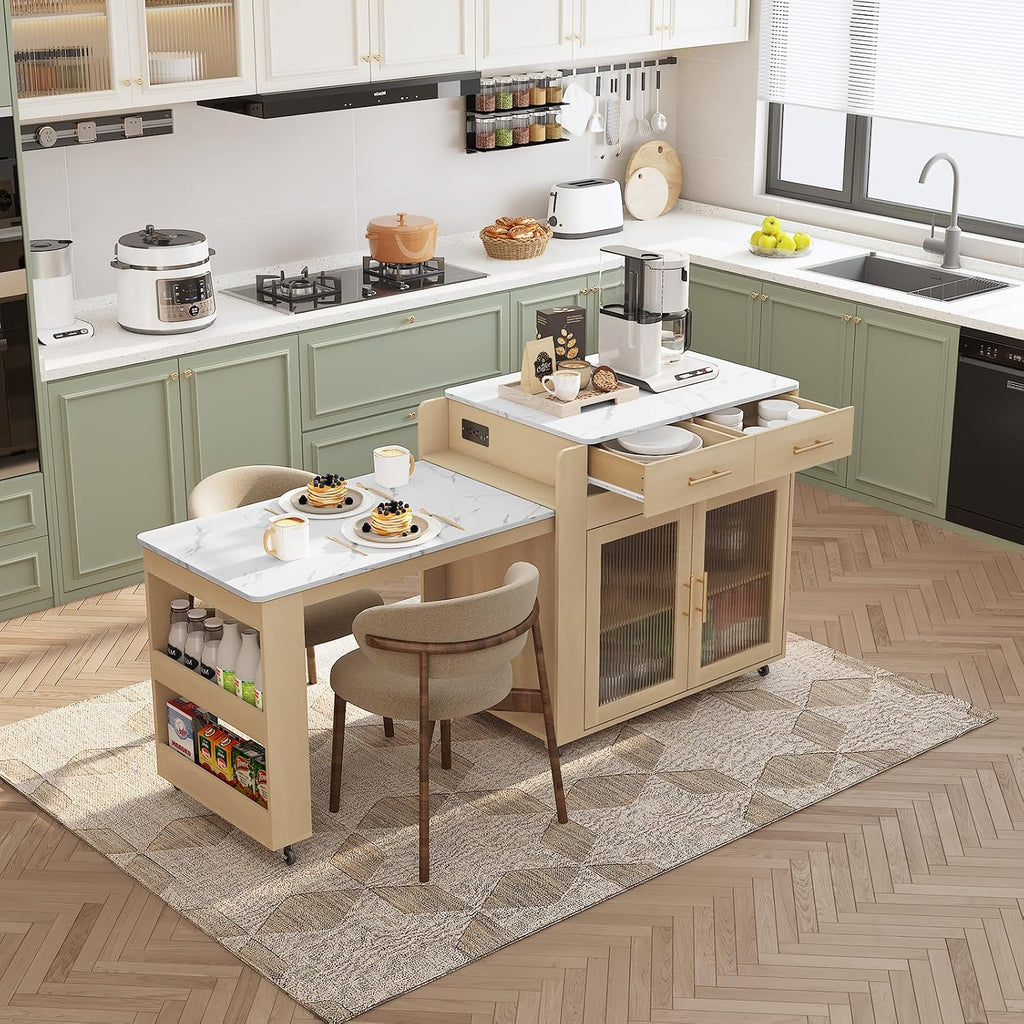 HLR 72" Extendable Rolling Kitchen Island with Storage, Island Table on Wheels with Marble Grain Countertop & Power Outlet, Portable Island Cart with Cabinets, Drawers and Shelves, Wood