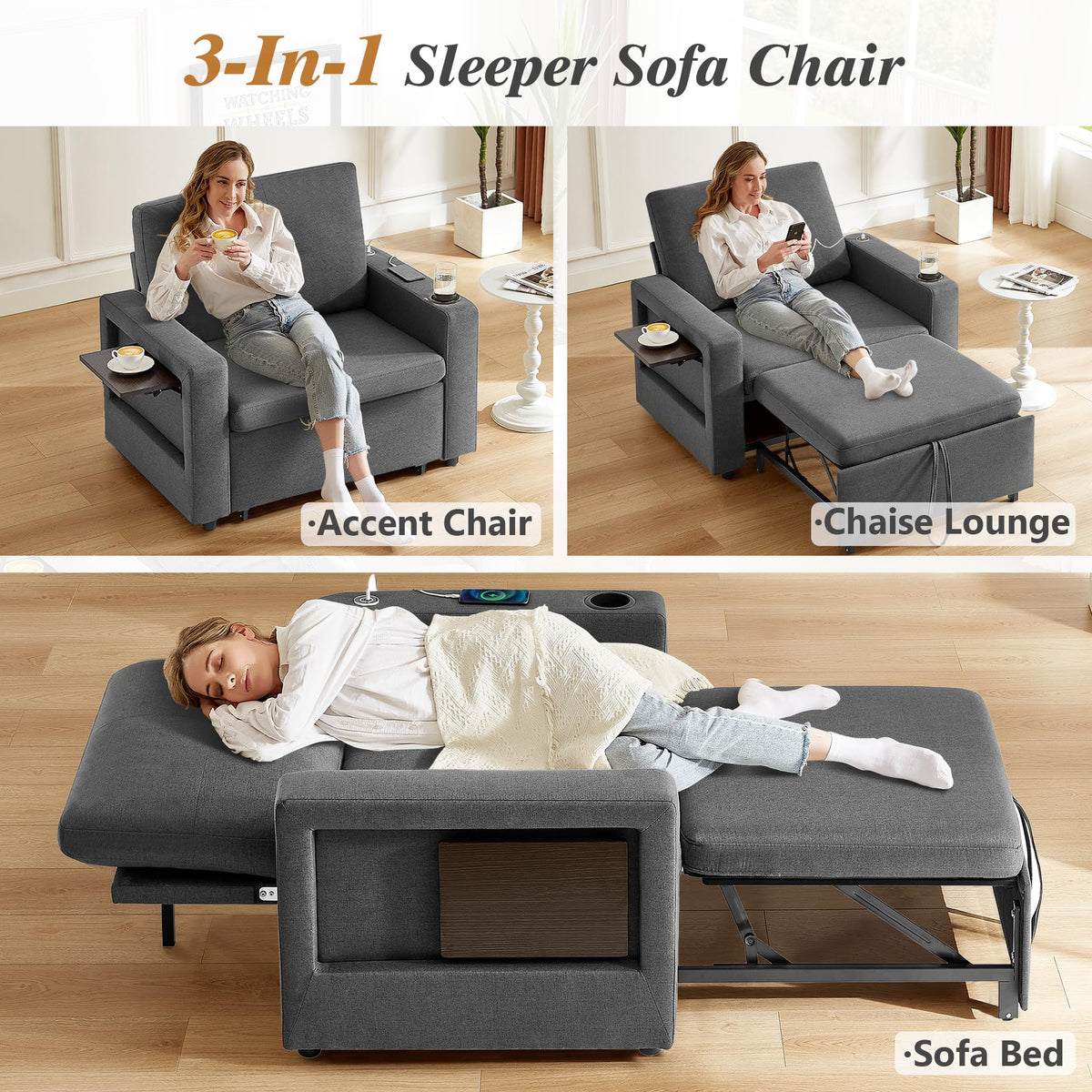 WEUP 3-in-1 Sleeper Sofa Chair Bed, 42.5" W Convertible Sleeper Chair with Pull Out Bed, USB Charging Ports & Wing Table, Cup Holder, Adjustable Backrest, Side Pockets (Premium, Beige)