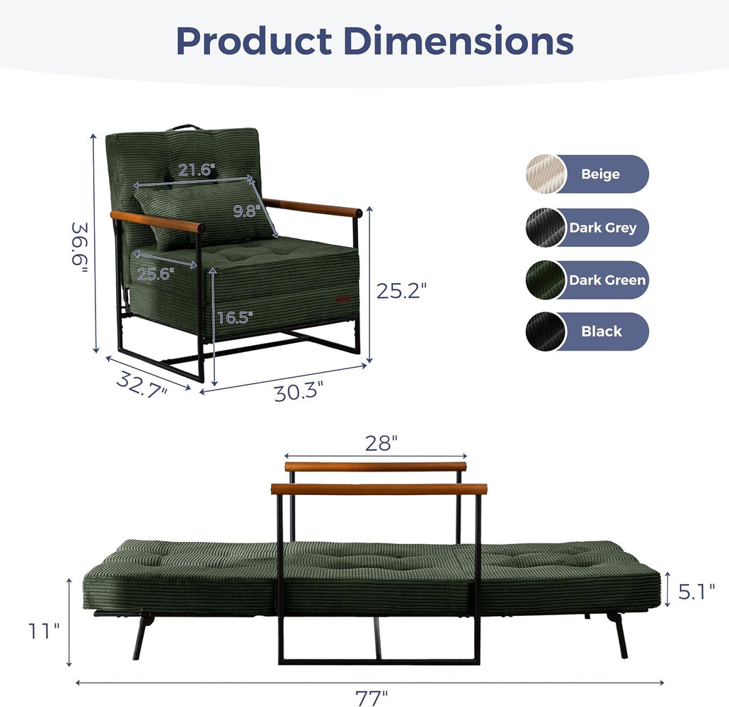 MAXYOYO Chair Bed, Adjustable Sleeper Chair, Single Sofa Bed with Frame
