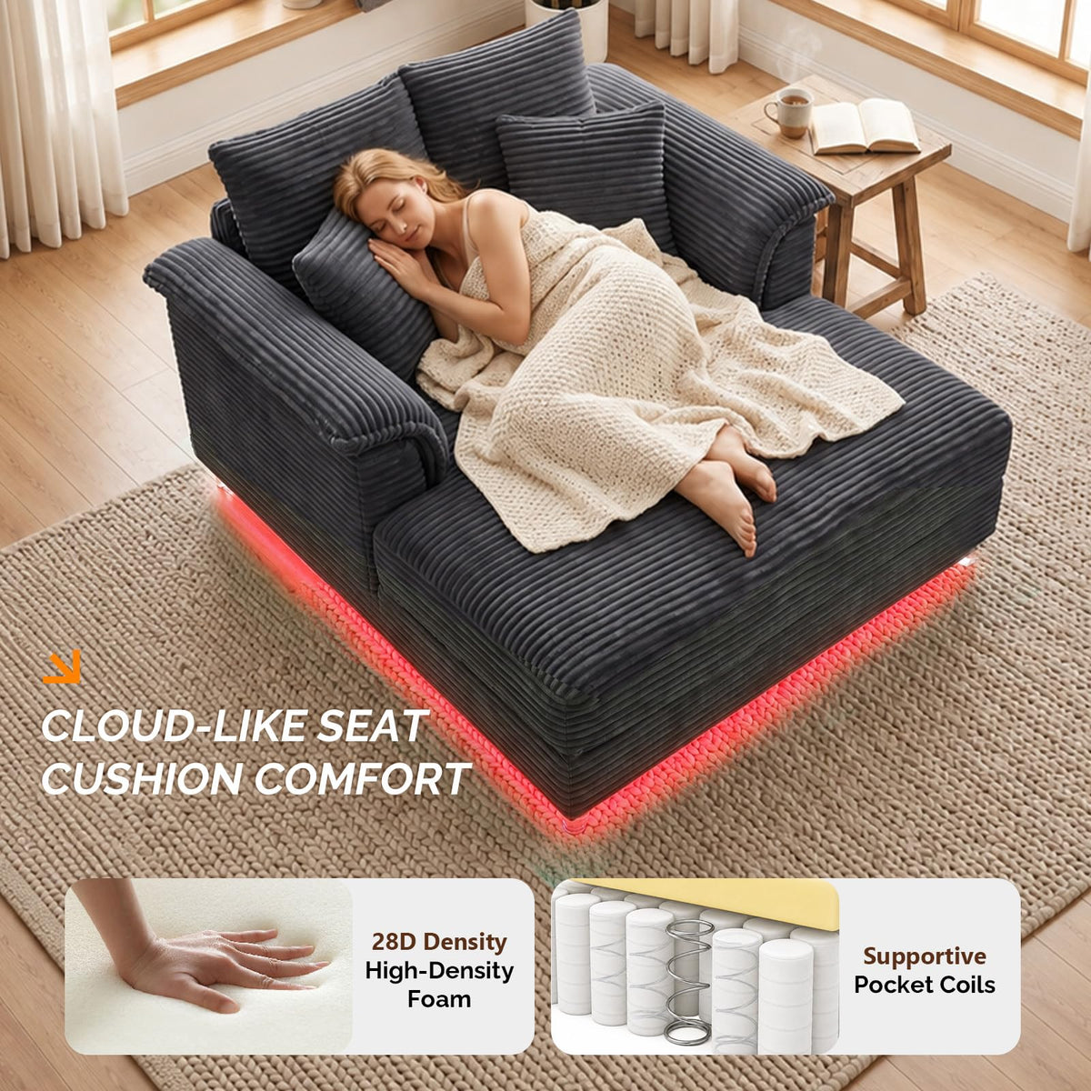 VINGLI 56" Wide Oversized Chaise Lounge Chair with Plush Padded Armrests