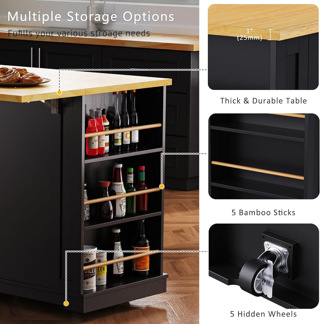 53" Large Kitchen Island with Drop Leaf & Power Outlet, Rolling Kitchen Cart on 5 Wheels with Internal Door Storage Rack, 5 Open Side Racks, 3 Drawers, 2 Doors for Kitchen Dining Room