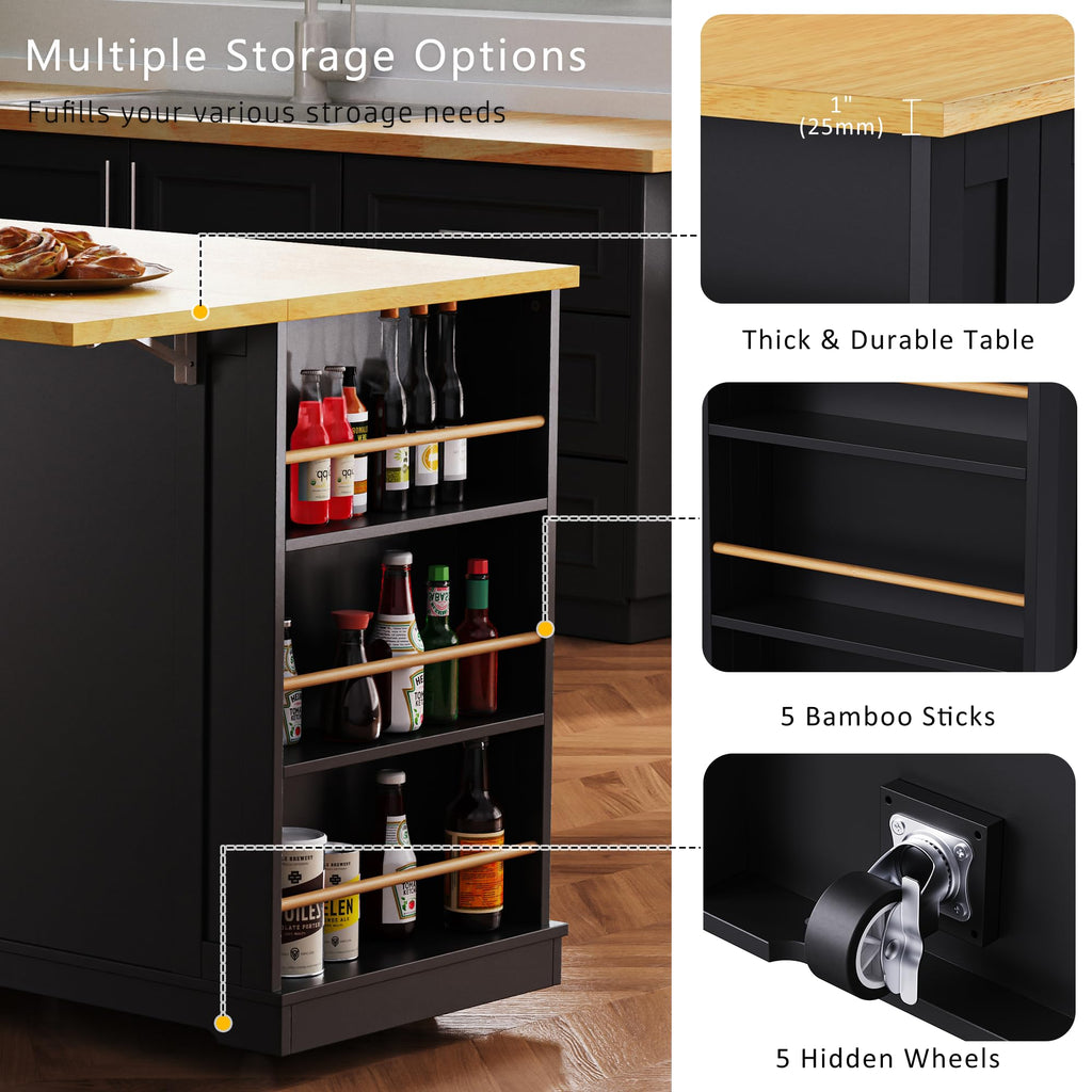 53" Large Kitchen Island with Drop Leaf & Power Outlet, Rolling Kitchen Cart on 5 Wheels with Internal Door Storage Rack, 5 Open Side Racks, 3 Drawers, 2 Doors for Kitchen Dining Room