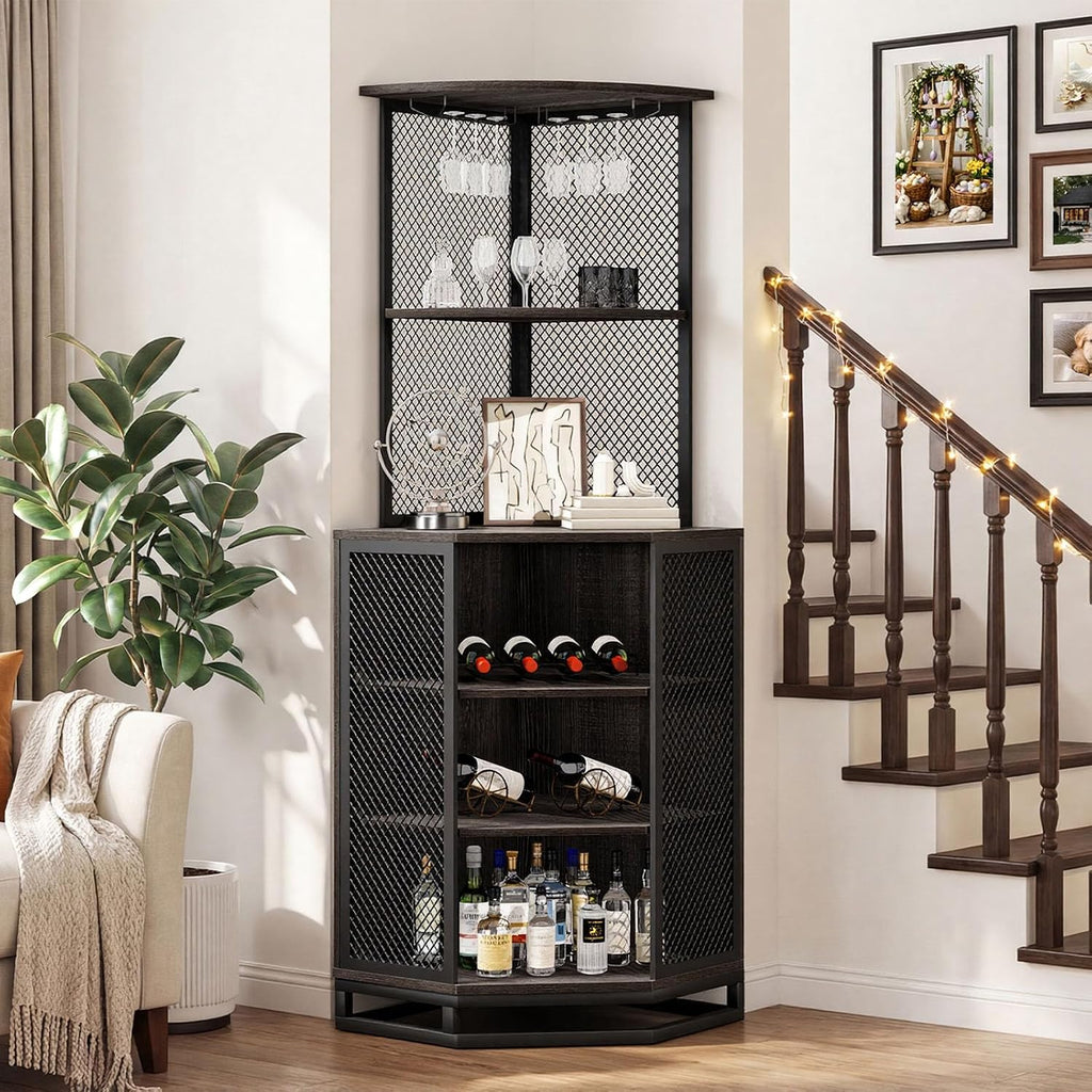 IBF 71 Inch Dark Grey Farmhouse Tall Corner Bar Cabinet with Glass Holder