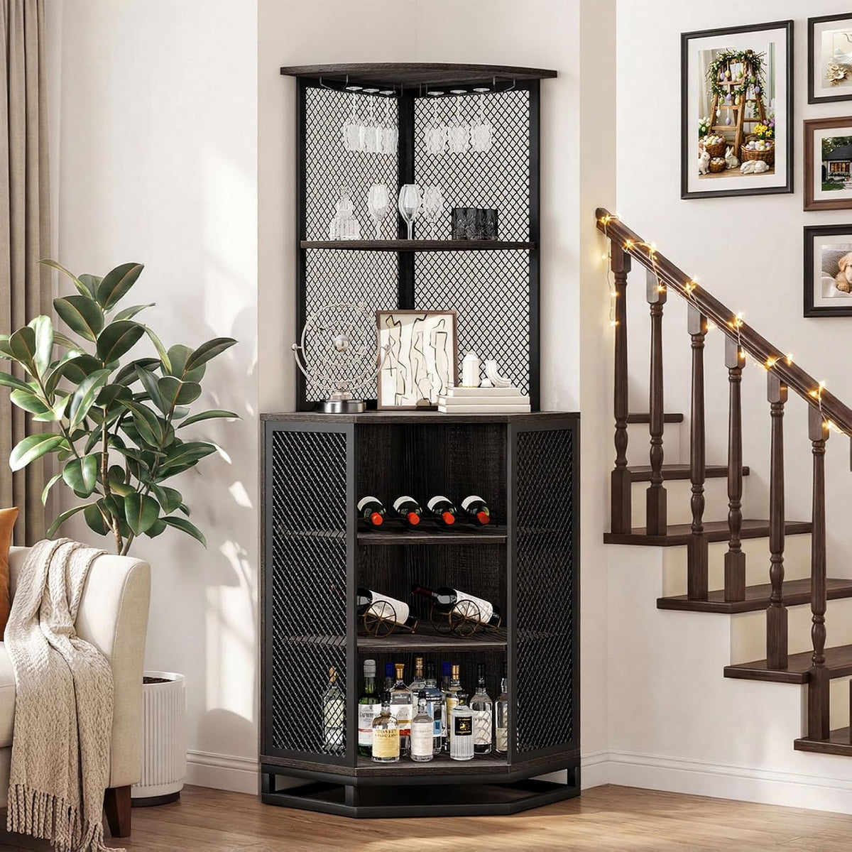IBF 71 Inch Dark Grey Farmhouse Tall Corner Bar Cabinet with Glass Holder