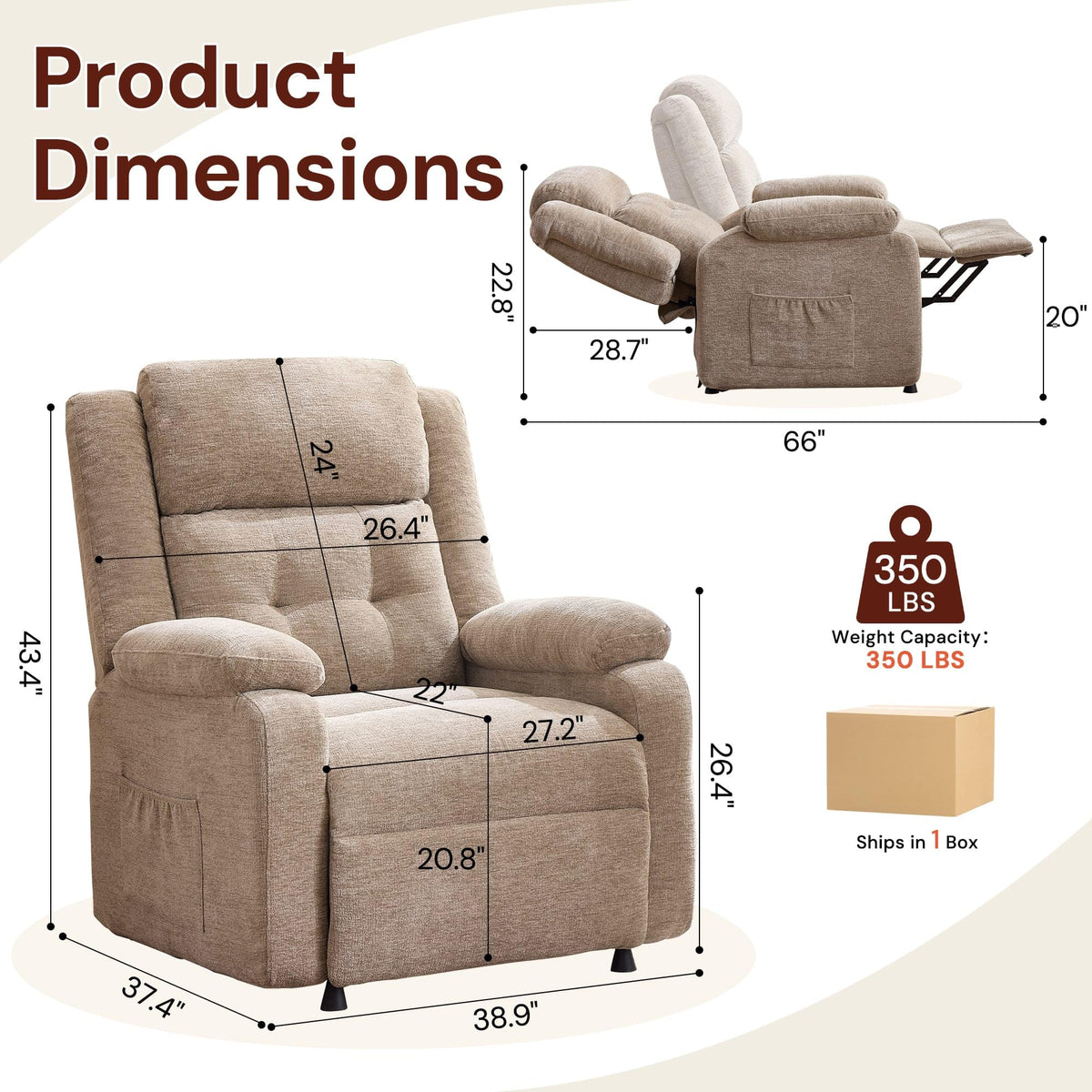 Korser Power Recliner Chair for Adults, Oversized Electric Recliner with Thickened Cushions, Reclining Chair for Bedroom, Living Room Chairs with Side Pockets, Chenille