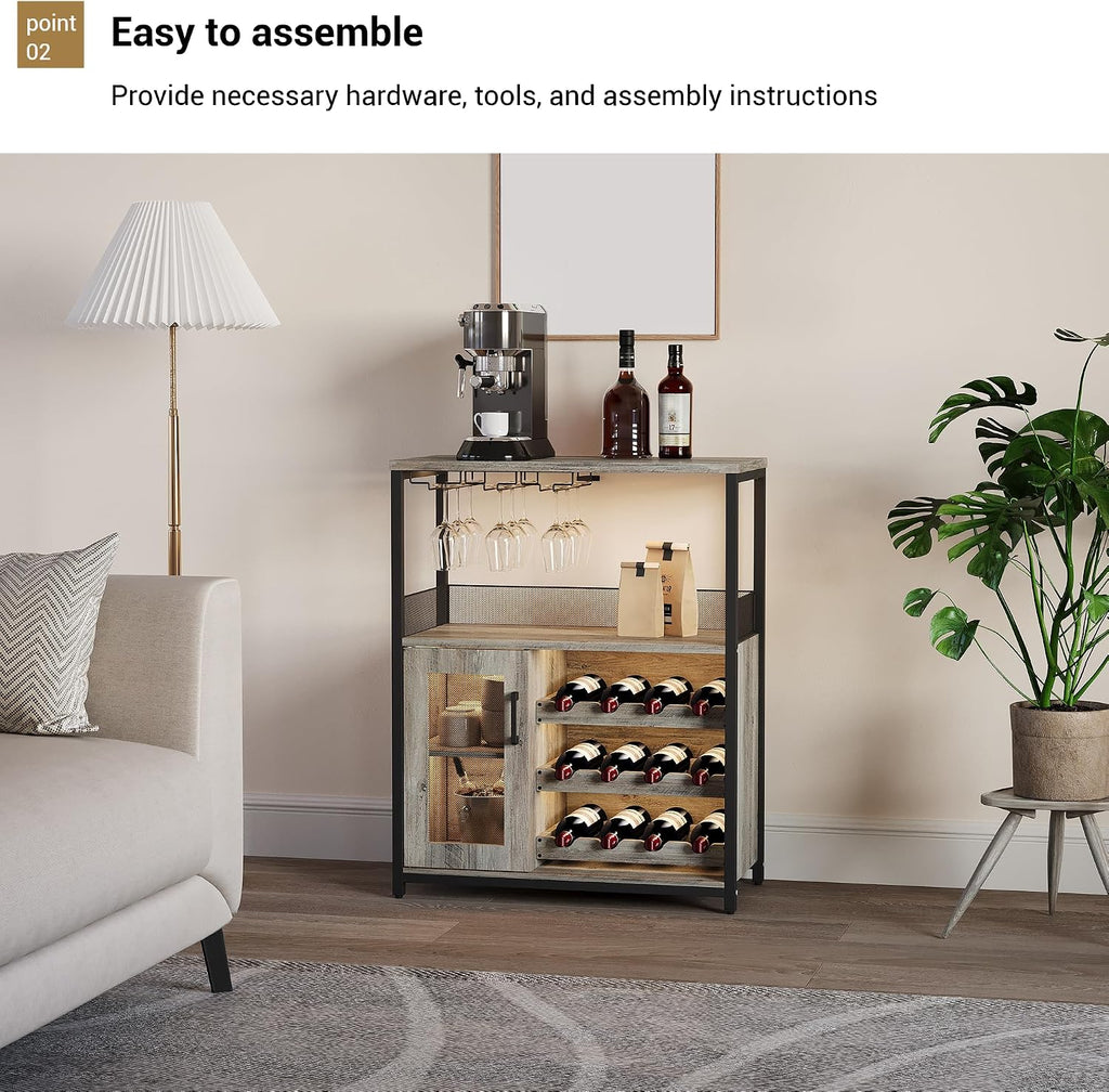 3-Tier Wine Bar Cabinet with Removable Wine Rack, Liquor Storage Cabinet with Glass Holder & Mesh Door, Coffee Bar Sideboard Buffet for Living Room or Dining Room, Gray