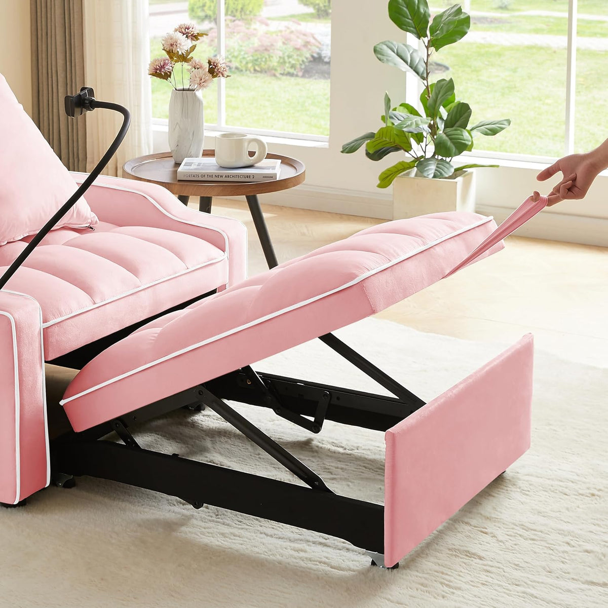 mikibama Pull Out Chair Bed Tufted, Convertible Sleeper Chairs with Storage Pocket & Cupholder & Phone Holder,3-in-1 Reclining Single Sofa Couch Bed for Adults Small Spaces (Pink, 33.85")