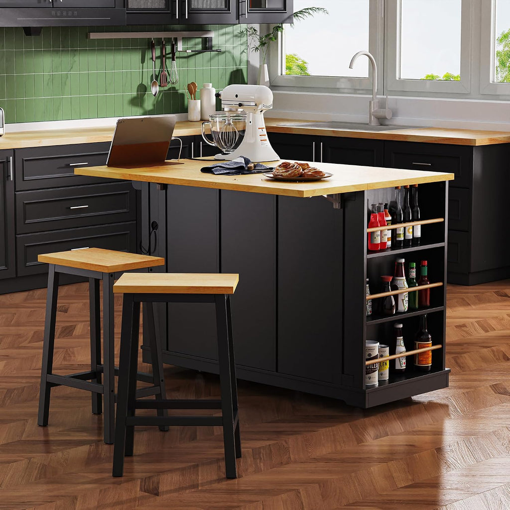 53" Large Kitchen Island with Drop Leaf & Power Outlet, Rolling Kitchen Cart on 5 Wheels with Internal Door Storage Rack, 5 Open Side Racks, 3 Drawers, 2 Doors for Kitchen Dining Room