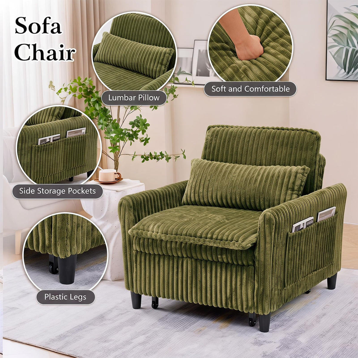 32" Convertible Sofa Chair Bed, 3âinâ1 Pullâout Sleeper Chair with Corduroy Fabric, Adjustable Backrest & Side Storage Pockets, SpaceâSaving Design for Living Room, Apartment, Bedroom (Yellow)