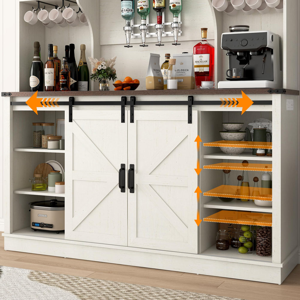 Farmhouse Coffee Bar Cabinet with LED Light, Charging Station, Brown