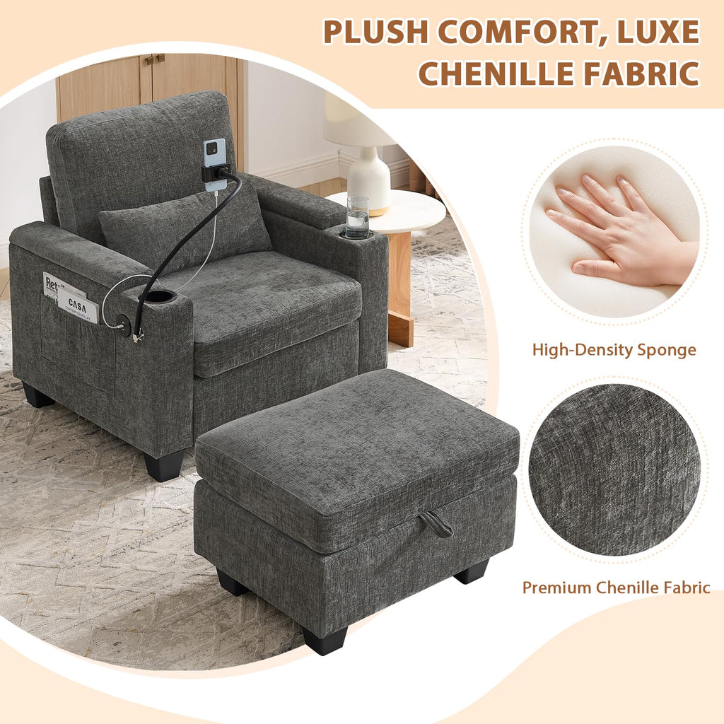 Oversized Chaise Lounge Chair Indoor, Single Convertible Recliner Reading Arm Sofa Chair W/Adjustable Backrest & Charging Port Couch Bed for Living Room, Home Theater & Bedroom, Brown