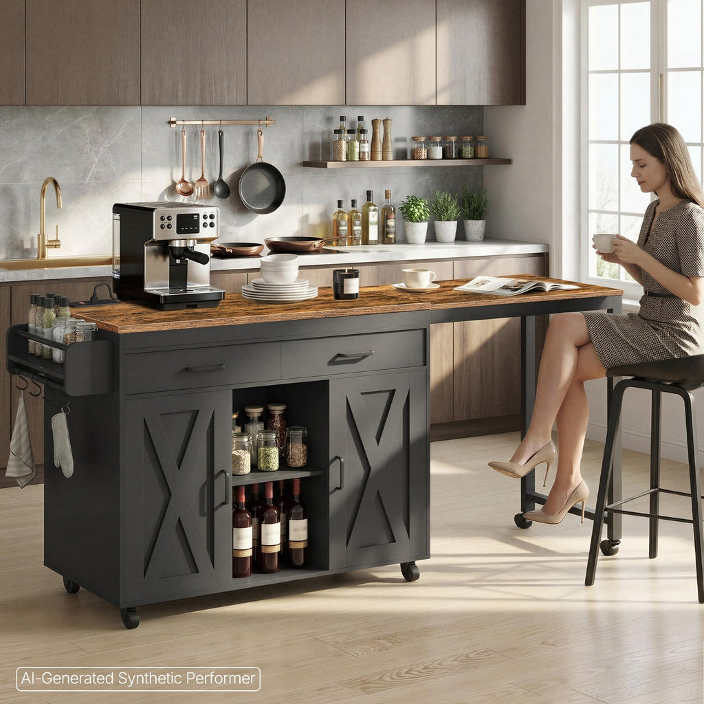 YATINEY Extendable Kitchen Island, Large Mobile Kitchen Storage Island, Rolling Kitchen Cart with Outlets, Island Table for Kitchen, White ZD03UWH