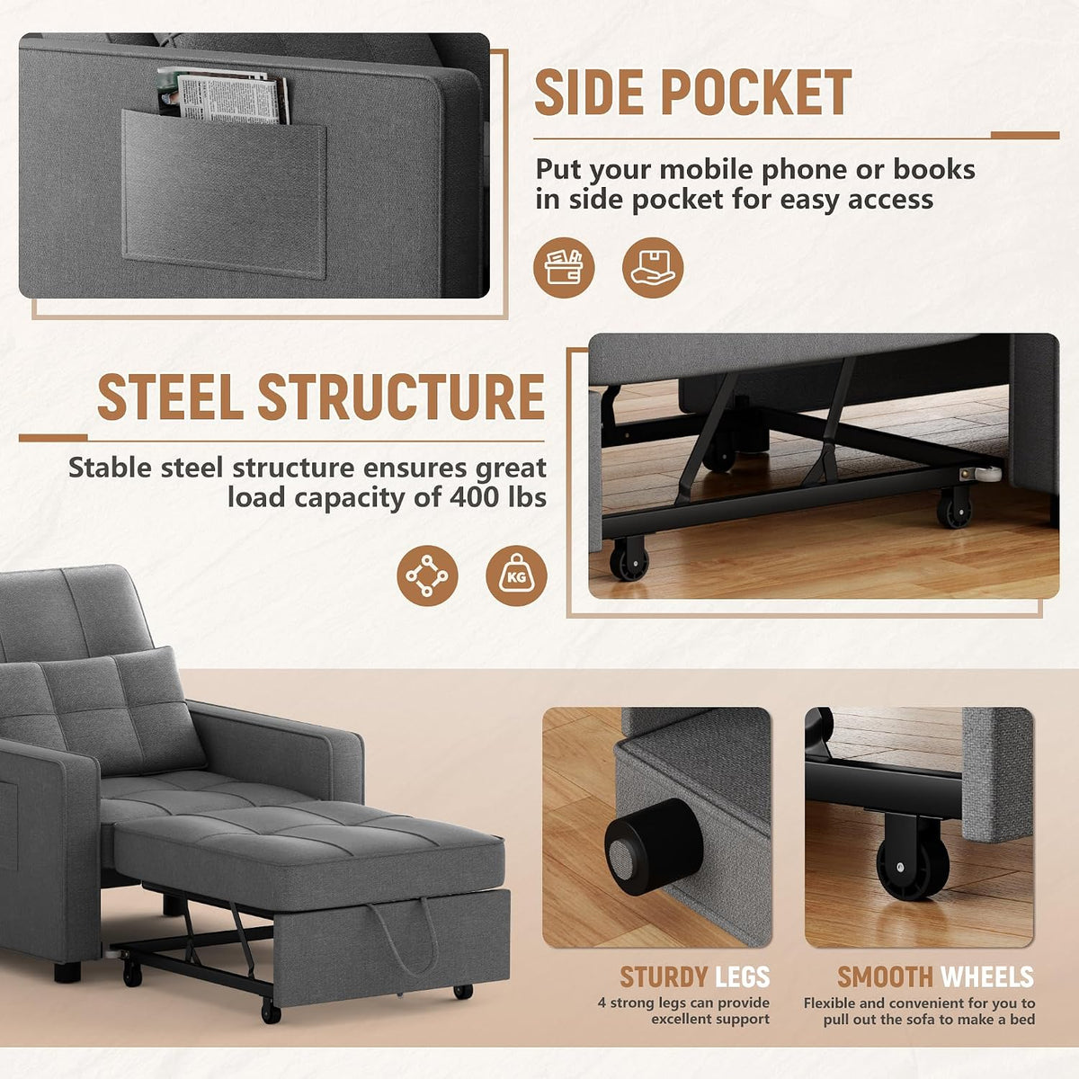 Flamaker Sofa Bed, Sleeper Sofa 3-in-1, Convertible Sleeper Chair