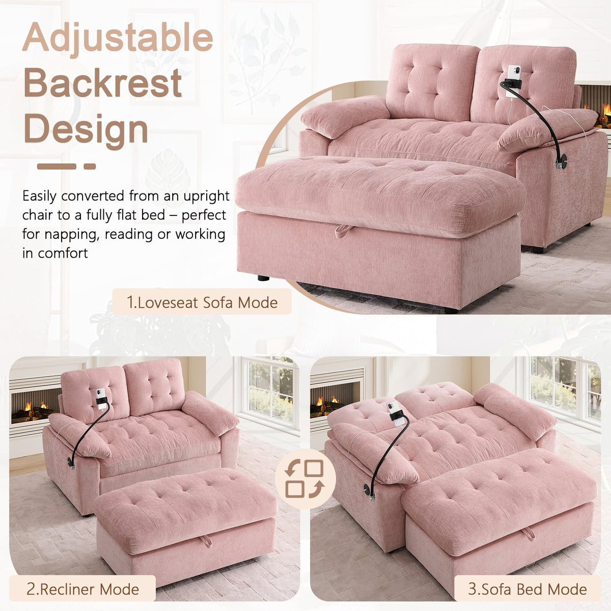 Oversized Chaise Lounge Chair Indoor, Single Convertible Recliner Reading Arm Sofa Chair W/Adjustable Backrest & Charging Port Couch Bed for Living Room, Home Theater & Bedroom, Brown