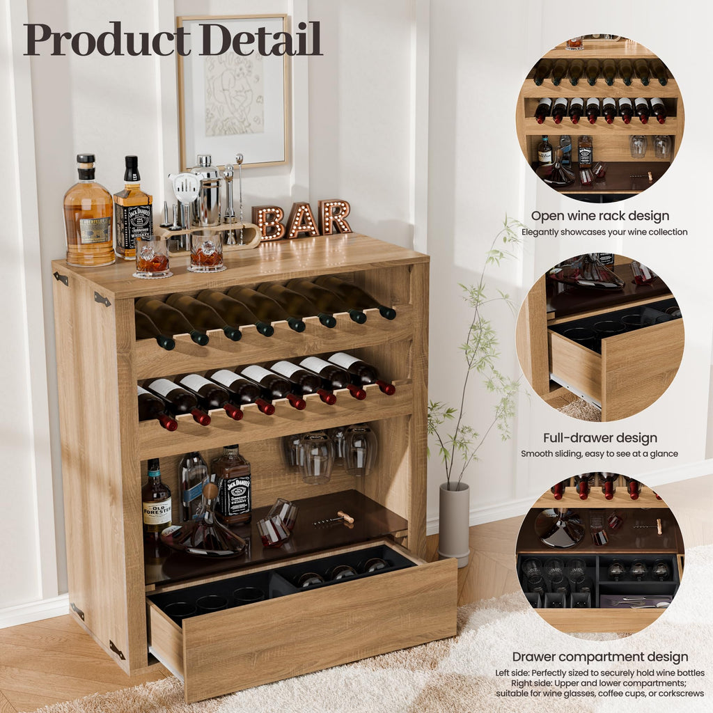 Liquor Cabinet with Wine Rack & Stemmed Holder & Drawer, Walnut
