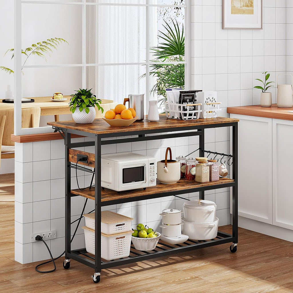 CHOEZON Kitchen Island with Power Outlet and Folding Top, Movable with 3-Tier Storage, Large Size, Wooden Shelves and Wine Rack, for Kitchen, Dining and Living Room, Rustic Brown and Black TZD02UBF