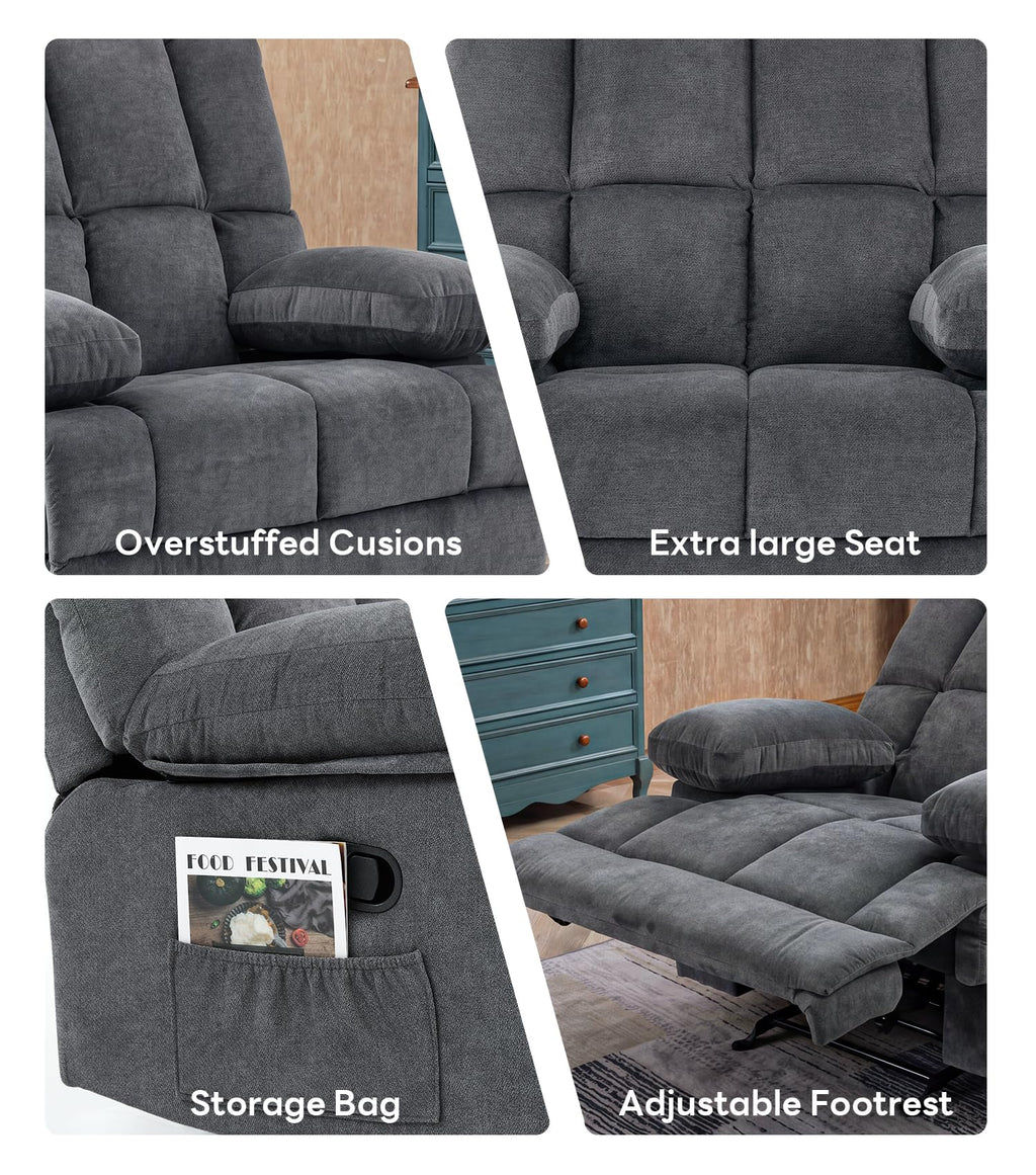 WILLOVE 41" Oversized Rocker Recliner Chair, Rocking Recliners Overstuffed Soft Big Man Manual Recliner, Extra Large Chenille Living Room Chair 350 LBS Capacity, Grey, L