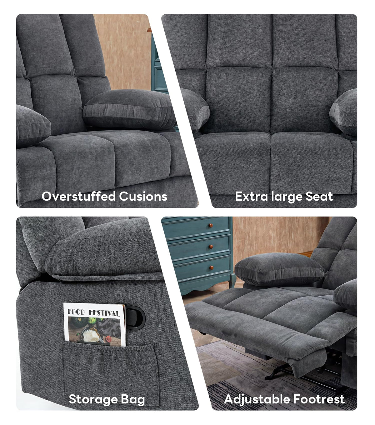 WILLOVE 41" Oversized Rocker Recliner Chair, Rocking Recliners Overstuffed Soft Big Man Manual Recliner, Extra Large Chenille Living Room Chair 350 LBS Capacity, Grey, L