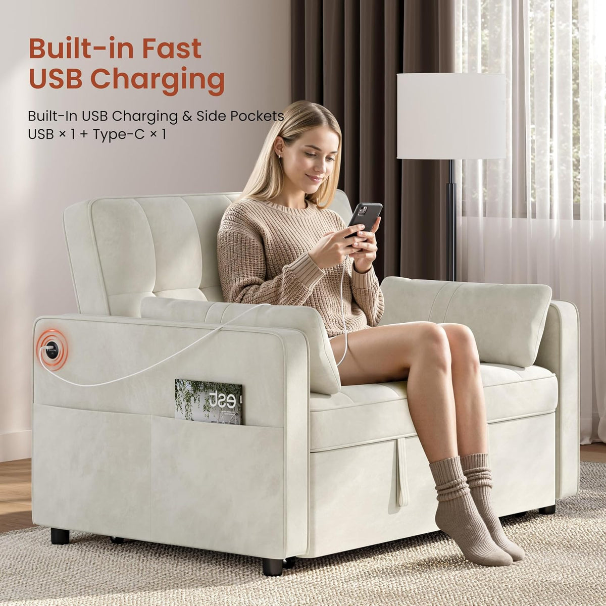 Yaheetech 3 in 1 Sofa Bed Convertible Sleeper Sofa with USB Ports, Beige