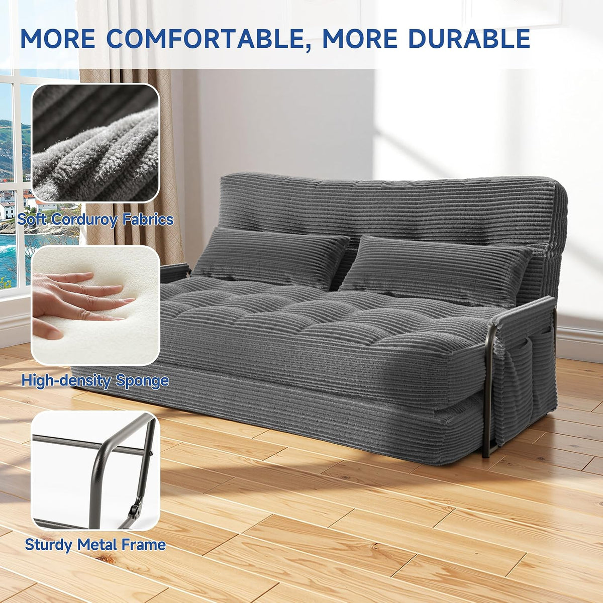 3-in-1 Folding Sofa Bed,Convertible Sleeper Chair with Armrests & Adjustable Backrest,Corduroy Futon Couch Floor Sofa Lounge with Pillow for Living Room Bedroom,Double,Dark Gray
