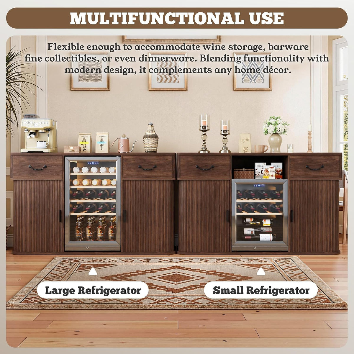 Large Coffee Bar Cabinet with Mini Fridge Space, Liquor Wine Bar Cabinet with Drawer and Glass Holder, Buffet Sideboard Table for Kitchen, Dining Room, Living Room