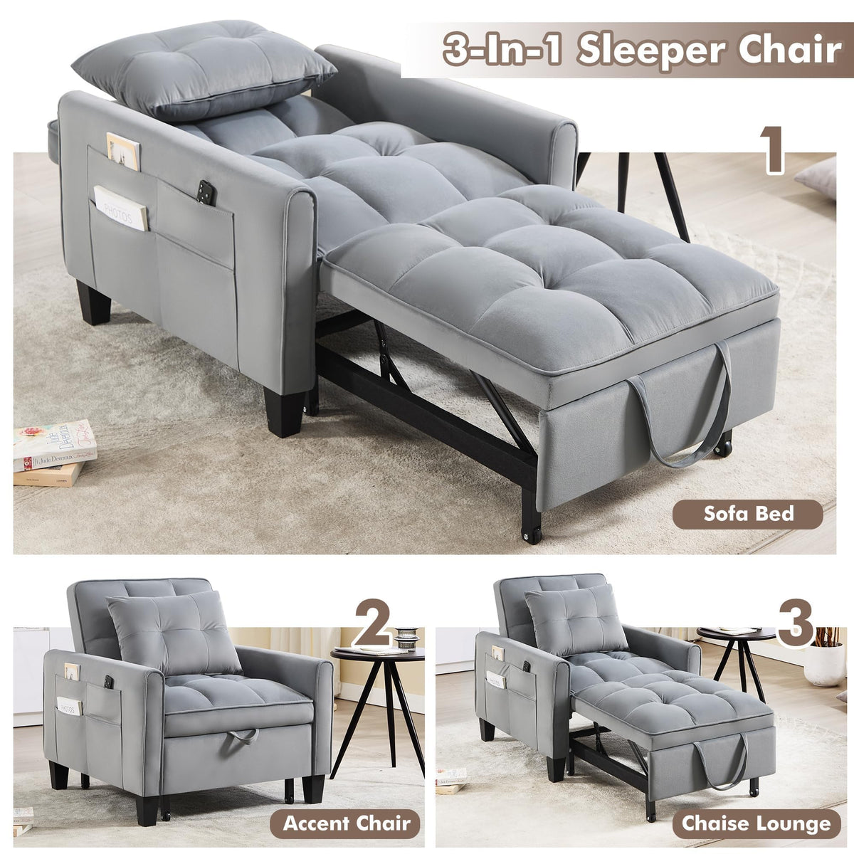 Convertible Sleeper Chair, 3 in 1 Sleeper Chair Bed Pull Out Sofa Bed Chairs, Single Sofa with Adjustable Backrest for Adults Reading Living Room, Bedroom, Black