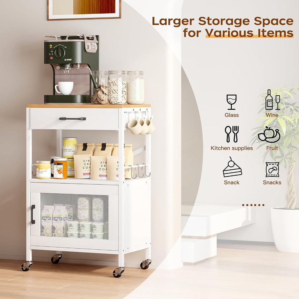 Homeiju Kitchen Island Cart, Kitchen Storage Cart with Drawer, Microwaves Stand, Coffee Cart, Rolling Kitchen Cabinet Cart with Hooks for Kitchen, Dining Room, White