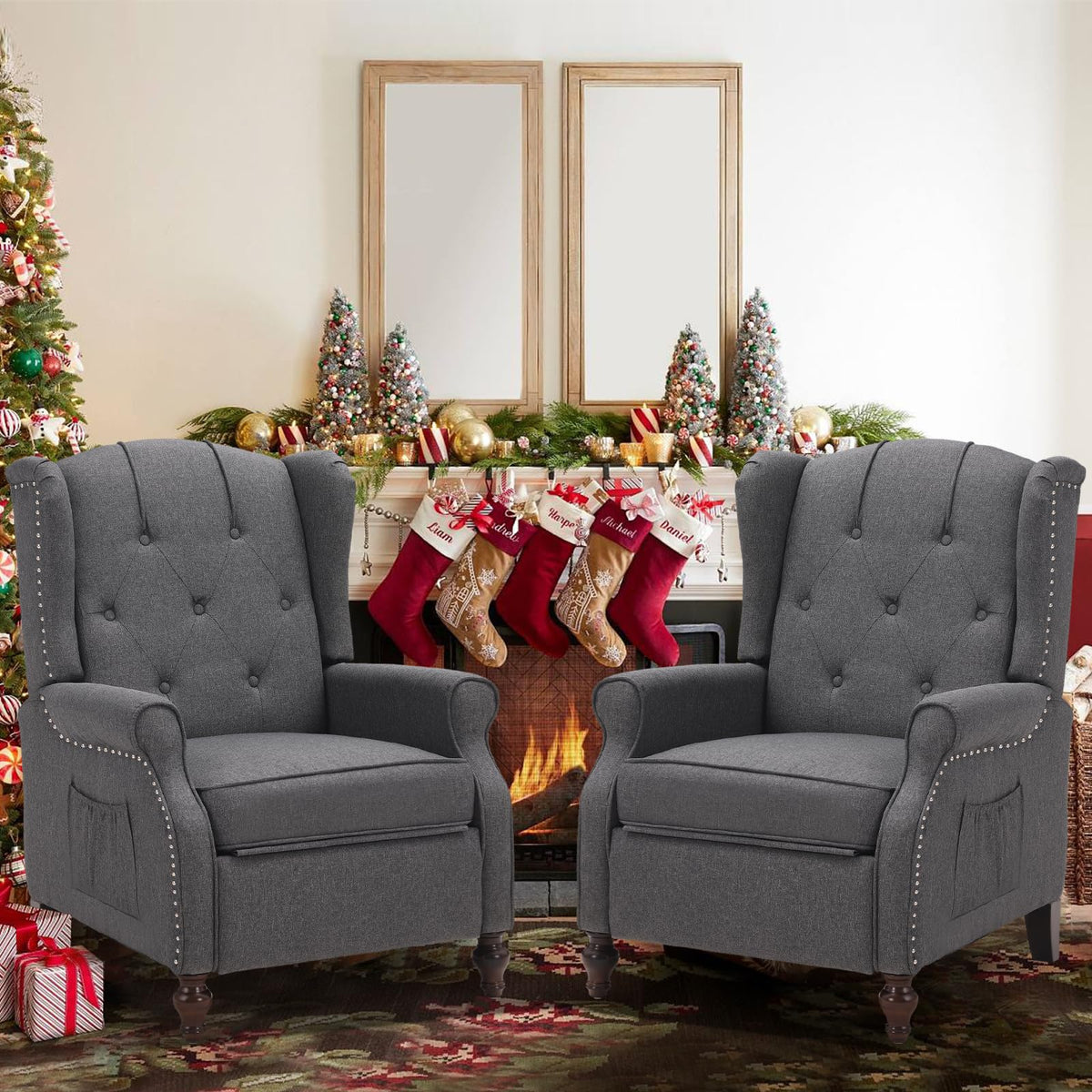 Wingback Recliner Chair - Tufted Arm Chair Recliner - Fabric Push Back Single Sofa for Living Room Adjustable Backrest (Blue Floral)