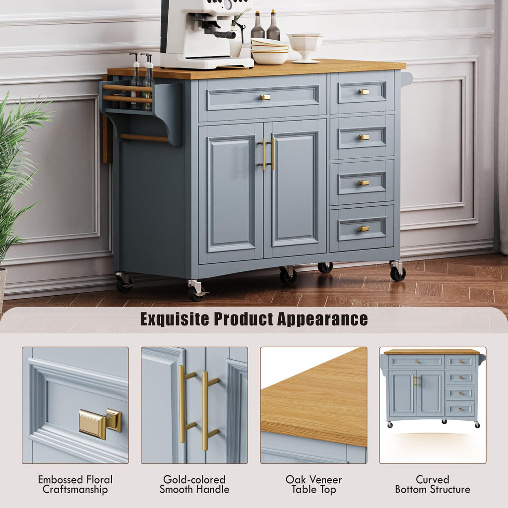 Large Kitchen Island with Rubber Wood Drop Leaf and Silver Handle