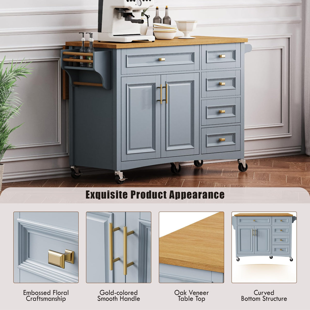 Large Kitchen Island with Rubber Wood Drop Leaf and Silver Handle