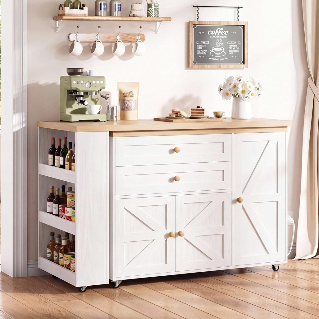 IRONCK Rolling Kitchen Island with 360Â° Swivel Table and Storage, White